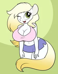 Size: 1400x1779 | Tagged: suggestive, artist:dativyrose, derpibooru import, oc, oc:ghostie, unofficial characters only, anthro, earth pony, big breasts, booty shorts, breasts, clothes, female, green background, image, jpeg, looking at you, short shirt, simple background, smiling, thighs, thunder thighs, tight clothing