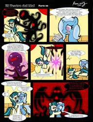 Size: 1024x1339 | Tagged: safe, artist:rammzblood, derpibooru import, juniper montage, trixie, ponified, earth pony, pony, unicorn, comic, dialogue, equestria girls ponified, female, hug, image, jpeg, mare, spanish, speech bubble