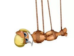 Size: 720x540 | Tagged: safe, artist:stepcorbin, derpibooru import, ms. harshwhinny, cloth gag, gag, glare, hang in there, hanging, image, looking at you, png, tied up