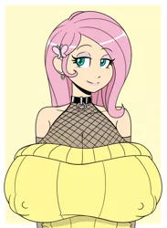 Size: 856x1171 | Tagged: suggestive, artist:reiduran, derpibooru import, fluttershy, human, big breasts, breasts, bust, busty fluttershy, choker, cleavage, clothes, erect nipples, female, fishnets, huge breasts, humanized, image, impossibly large breasts, lidded eyes, nipple outline, nipple piercing, nipple piercing outline, nipples, nudity, off shoulder, off shoulder sweater, piercing, png, sexy, simple background, smiling, solo, solo female, stupid sexy fluttershy, sweater, sweatershy, yellow background