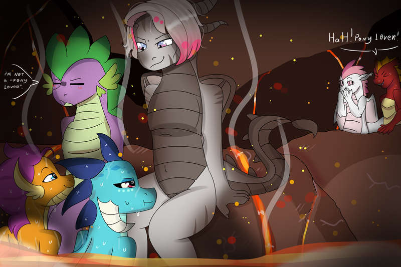 Size: 3000x2000 | Tagged: suggestive, artist:valkiria, derpibooru import, fizzle, garble, princess ember, smolder, spike, oc, oc:rajaah, dragon, annoyed, canon x oc, colored sclera, covering mouth, curved horn, dragon on dragon action, dragon tail, dragoness, embers, eyes closed, female, foursome, grin, group sex, heart eyes, heterochromia, horn, horns, image, laughing, lava pool, looking at someone, looking up, male, mocking, mountain, png, scales, shipping, sitting, smiling, spolder, straight, stripes, submerged, tail, text, two toned mane, water droplet, wet, wingding eyes, wings