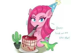 Size: 2048x1536 | Tagged: safe, artist:namieart, derpibooru import, gummy, pinkie pie, earth pony, pony, blood, cactus, chest fluff, hat, image, knife, looking at you, mouth hold, party hat, pinkamena diane pie, png, simple background, talking to viewer, white background