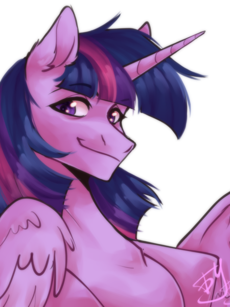 Size: 1200x1600 | Tagged: safe, artist:bulkaaoga, derpibooru import, twilight sparkle, twilight sparkle (alicorn), alicorn, pony, bust, female, image, mare, png, portrait, signature, simple background, smiling, solo, white background