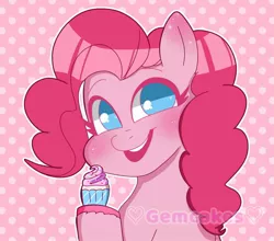 Size: 1280x1128 | Tagged: safe, artist:gemcakess, derpibooru import, pinkie pie, earth pony, pony, bust, cupcake, cute, diapinkes, female, food, image, jpeg, mare, polka dot background, portrait, signature, smiling, solo