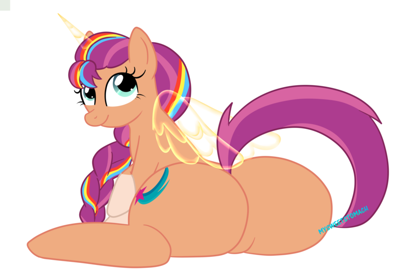 Size: 4242x2862 | Tagged: suggestive, artist:mysweetstomach, derpibooru import, sunny starscout, alicorn, earth pony, pony, my little pony: a new generation, artificial horn, artificial wings, augmented, butt, cute, g5, horn, image, looking at you, magic, magic horn, magic wings, png, race swap, simple background, sunny starbutt, sunnybetes, sunnycorn, transparent background, wings