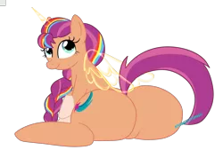Size: 4242x2862 | Tagged: suggestive, artist:mysweetstomach, derpibooru import, sunny starscout, alicorn, earth pony, pony, my little pony: a new generation, artificial horn, artificial wings, augmented, butt, cute, g5, horn, image, looking at you, magic, magic horn, magic wings, png, race swap, simple background, sunny starbutt, sunnybetes, sunnycorn, transparent background, wings