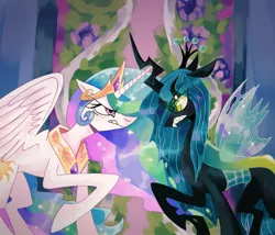 Size: 1115x956 | Tagged: safe, artist:griffingade, derpibooru import, princess celestia, queen chrysalis, alicorn, changeling, changeling queen, pony, a canterlot wedding, angry, crossed horns, duo, female, gritted teeth, horn, horns are touching, image, jpeg, mare, scene interpretation, scowl, teeth