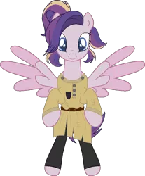 Size: 809x976 | Tagged: safe, artist:westrail642fan, derpibooru import, oc, oc:shooting star (r&f), unofficial characters only, pegasus, rise and fall, anastasia, belt, bipedal, clothes, colored wings, image, parent:oc:david wyne, parent:princess cadance, parents:canon x oc, png, ponytail, shirt, simple background, spread wings, transparent background, trousers, two toned wings, westrail642fan's cadance template, wings