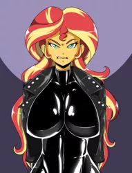 Size: 1106x1444 | Tagged: suggestive, artist:reiduran, derpibooru import, sunset shimmer, equestria girls, angry, big breasts, breasts, busty sunset shimmer, clothes, female, glare, huge breasts, image, jacket, latex, latex suit, leather jacket, looking at you, png, solo, solo female