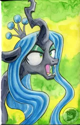 Size: 4336x6786 | Tagged: safe, artist:invalid-david, derpibooru import, queen chrysalis, changeling, changeling queen, canterlot wedding 10th anniversary, female, image, jpeg, scene interpretation, sketchbook, solo, traditional art, watercolor painting