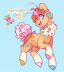 Size: 2214x2513 | Tagged: safe, artist:cocopudu, derpibooru import, oc, oc:sprinkle bug, unofficial characters only, original species, pony, antennae, blue background, bow, cloven hooves, coat markings, hooves, image, jpeg, male, multicolored hooves, one eye closed, simple background, smiling, socks (coat marking), solo, stallion, tail, tail bow, wink