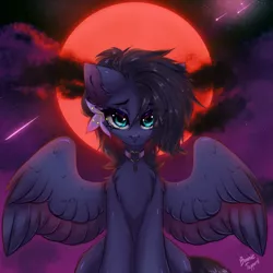 Size: 2255x2257 | Tagged: safe, derpibooru import, oc, oc:kennel nightshade, unofficial characters only, pegasus, pony, blood moon, collar, detailed background, female, image, looking at you, mare, moon, png, sky, stars