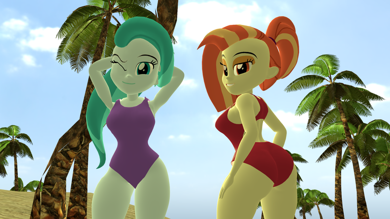 Size: 1920x1080 | Tagged: suggestive, artist:mr.uberrebu25, derpibooru import, lighthoof, shimmy shake, equestria girls, 3d, arm behind head, ass, beach, beach babe, breasts, busty lighthoof, busty shimmy shake, butt, clothes, duo, duo female, equestria girls-ified, female, image, looking at you, one eye closed, one-piece swimsuit, open-back swimsuit, png, purple swimsuit, red swimsuit, shimmy booty, swimsuit, wink, winking at you
