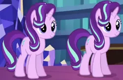 Size: 714x467 | Tagged: safe, derpibooru import, screencap, starlight glimmer, pony, unicorn, every little thing she does, season 6, clone, cropped, duality, duplication, female, image, library, mare, png, similo duplexis, smiling, twilight's castle, twilight's castle library