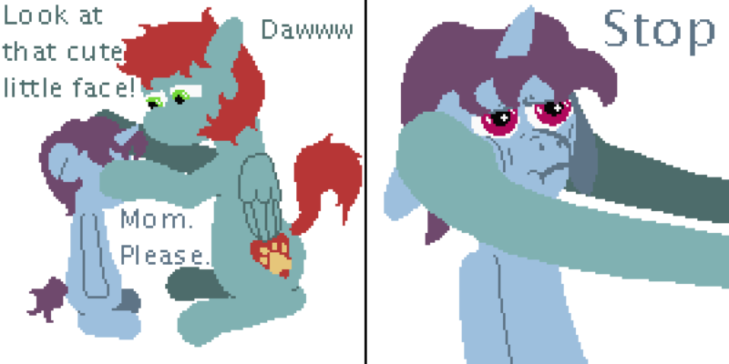 Size: 1500x750 | Tagged: safe, artist:minus, derpibooru import, oc, oc:boreal evening, oc:hush muzzle, unofficial characters only, pegasus, pony, unicorn, adopted offspring, colt, comic, daybreak island, derpibooru exclusive, dialogue, duo, female, foal, folded wings, holding head, horn, image, male, mare, mother and child, mother and son, pegasus oc, pixel art, png, scrunchy face, simple background, sitting, starry eyes, tail, text, transparent background, unamused, unicorn oc, wingding eyes, wings