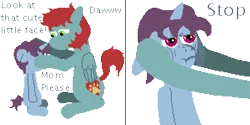 Size: 1500x750 | Tagged: safe, artist:minus, derpibooru import, oc, oc:boreal evening, oc:hush muzzle, unofficial characters only, pegasus, pony, unicorn, adopted offspring, colt, comic, daybreak island, derpibooru exclusive, dialogue, duo, female, foal, folded wings, holding head, horn, image, male, mare, mother and child, mother and son, pegasus oc, pixel art, png, scrunchy face, simple background, sitting, starry eyes, tail, text, transparent background, unamused, unicorn oc, wingding eyes, wings