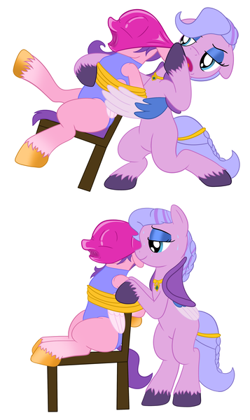 Size: 2664x4481 | Tagged: questionable, semi-grimdark, artist:darkstorm619, derpibooru import, pipp petals, queen haven, pegasus, pony, bondage, breathplay, chair, clothes, female, g5, hat, image, jewelry, latex, mother and child, mother and daughter, necklace, open mouth, png, rope, sweat, sweatdrops, swimming cap, swimsuit, tied to chair, tied up