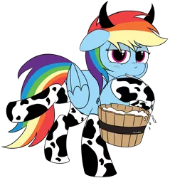 Size: 1943x2035 | Tagged: safe, artist:mark_ml, ponybooru import, rainbow dash, cow, pegasus, pony, bucket, clothes, cowprint, horns, image, looking at you, milk, png, simple background, smiling, smiling at you, socks, solo, transparent background