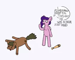 Size: 2000x1600 | Tagged: safe, artist:potatoconnoisseur, derpibooru import, pipp petals, oc, oc:smelly bigshit, earth pony, pegasus, pony, my little pony: a new generation, barbed wire, baseball bat, bipedal, chest fluff, dead, derpibooru exclusive, female, g5, image, male, mare, pippamena, png, stallion