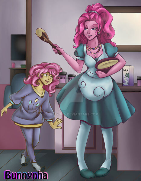 Size: 1024x1317 | Tagged: safe, artist:bunnynha, derpibooru import, li'l cheese, pinkie pie, human, the last problem, batter, bowl, clothes, dress, female, food, humanized, image, jpeg, pony coloring, wooden spoon
