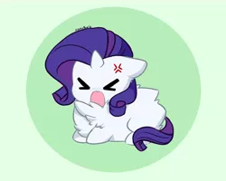 Size: 5336x4276 | Tagged: safe, artist:kittyrosie, derpibooru import, rarity, pony, unicorn, abstract background, angry, chest fluff, chibi, cross-popping veins, cute, excessive fluff, eyes closed, fluffy, image, lying, madorable, open mouth, png, ponyloaf, prone, raribetes, simple background