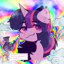 Size: 2000x2000 | Tagged: safe, derpibooru import, fluttershy, twilight sparkle, pony, unicorn, anime style, background, big eyes, bong, chest fluff, cloud, cloudy, drugs, ear fluff, eyebrows, eyebrows visible through hair, fangs, female, fluffy, flutterhigh, high, high res, highlights, image, lesbian, marijuana, more than friends, my little pony, png, rainbow, red eyes, shiny eyes, shipping, smoke, smoking, solo, stoned, stoner, tripping, twishy