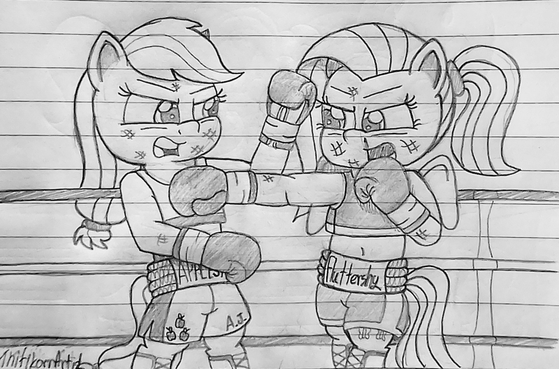Size: 1280x845 | Tagged: safe, artist:ct1443ae, derpibooru import, applejack, fluttershy, earth pony, pegasus, semi-anthro, my little pony: pony life, badass, boxing, boxing gloves, boxing ring, flutterbadass, image, jpeg, lined paper, mouth guard, pencil drawing, punch, sports, traditional art