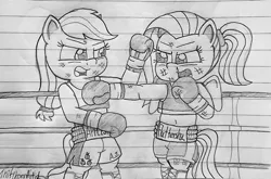 Size: 1280x845 | Tagged: safe, artist:ct1443ae, derpibooru import, applejack, fluttershy, earth pony, pegasus, semi-anthro, my little pony: pony life, badass, boxing, boxing gloves, boxing ring, flutterbadass, image, jpeg, lined paper, mouth guard, pencil drawing, punch, sports, traditional art