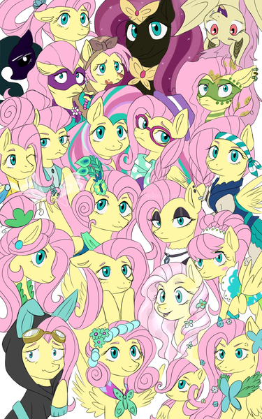 Size: 1000x1600 | Tagged: safe, artist:sphexvirart, derpibooru import, fluttershy, saddle rager, bat pony, breezie, crystal pony, pegasus, pony, alternate hairstyle, alternate timeline, apocalypse fluttershy, bat ponified, breeziefied, chrysalis resistance timeline, clothes, costume, crystal war timeline, crystallized, dangerous mission outfit, dress, female, filly, filly fluttershy, flower, flower in hair, flutterbat, flutterbreez, fluttergoth, gala dress, goggles, hipstershy, hoodie, image, mare, multeity, nightmare fluttershy, nightmarified, older, older fluttershy, opposite fluttershy, pirate, pirate fluttershy, png, power ponies, race swap, rainbow power, severeshy, so much flutter, species swap, tribal, tribalshy, younger