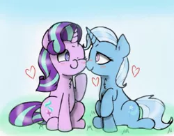 Size: 983x768 | Tagged: safe, artist:twiliset, derpibooru import, starlight glimmer, trixie, pony, unicorn, blushing, female, flushed face, grass, grass field, happy, heart, image, jpeg, kiss on the cheek, kissing, lesbian, looking at each other, looking at someone, one eye closed, shipping, sky, startrix