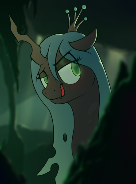 Size: 1849x2498 | Tagged: safe, artist:toanderic, derpibooru import, queen chrysalis, changeling, changeling queen, blushing, bust, canterlot wedding 10th anniversary, cave, cavern, crown, female, image, jewelry, looking at you, mlem, png, portrait, regalia, silly, solo, tongue out