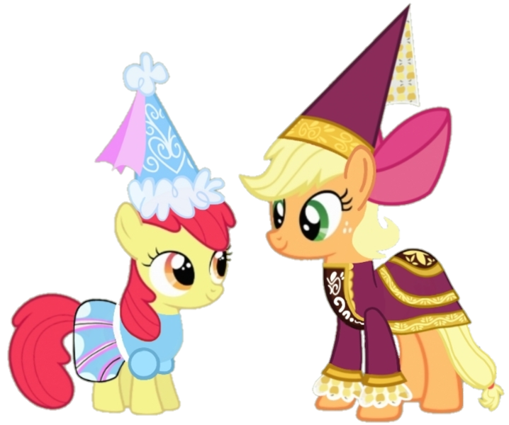 Size: 720x602 | Tagged: safe, artist:darlycatmake, derpibooru import, apple bloom, applejack, earth pony, pony, for whom the sweetie belle toils, look before you sleep, accessory, accessory swap, amused, apple bloom's bow, bow, clothes, dress, dressup, female, froufrou glittery lacy outfit, hair bow, happy, hat, hennin, image, looking at each other, looking at someone, mare, png, princess, princess apple bloom, princess applejack, princess costume, princess hat, sibling bonding, sibling love, siblings, sisterly love, sisters, smiling, smiling at each other, together