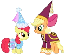 Size: 720x602 | Tagged: safe, artist:darlycatmake, derpibooru import, apple bloom, applejack, earth pony, pony, for whom the sweetie belle toils, look before you sleep, accessory, accessory swap, amused, apple bloom's bow, bow, clothes, dress, dressup, female, froufrou glittery lacy outfit, hair bow, happy, hat, hennin, image, looking at each other, looking at someone, mare, png, princess, princess apple bloom, princess applejack, princess costume, princess hat, sibling bonding, sibling love, siblings, sisterly love, sisters, smiling, smiling at each other, together