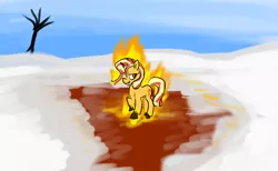 Size: 1280x788 | Tagged: safe, artist:horsesplease, derpibooru import, sunset shimmer, pony, unicorn, fiery shimmer, fire, ice, image, jpeg, melting, snow, solo, walking campfire, winter