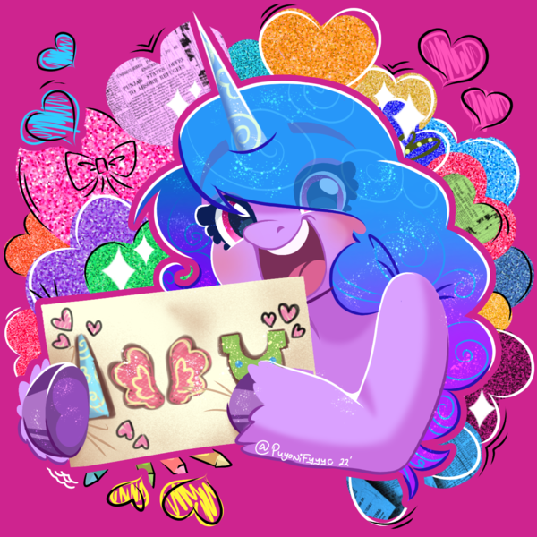 Size: 1280x1280 | Tagged: safe, artist:puyohh, derpibooru import, izzy moonbow, unicorn, my little pony: a new generation, blue, blue mane, blushing, earth pony crystal, eyebrows, eyelashes, eyes open, fanart, g5, heart, horn, image, love, magenta background, magenta eyes, my little pony, open mouth, pegasus crystal, pink, png, purple coat, red, ribbon, sparkles, teeth, tongue out, unicorn crystal, unshorn fetlocks, yellow