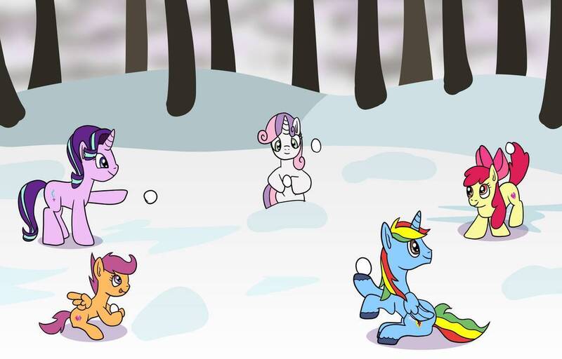 Size: 1117x715 | Tagged: safe, artist:platinumdrop, derpibooru import, apple bloom, scootaloo, starlight glimmer, sweetie belle, oc, oc:shield wing, alicorn, earth pony, pegasus, unicorn, alicorn oc, cutie mark crusaders, horn, image, jpeg, multiple characters, request, snow, snowball, snowball fight, wings