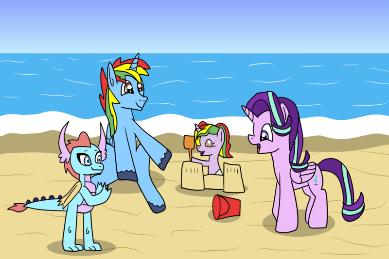 Size: 1280x854 | Tagged: safe, artist:platinumdrop, derpibooru import, starlight glimmer, oc, oc:shield wing, oc:skyress, oc:starling shield, alicorn, dragon, unicorn, beach, bucket, image, multiple characters, ocean, png, request, sand, sandcastle, water