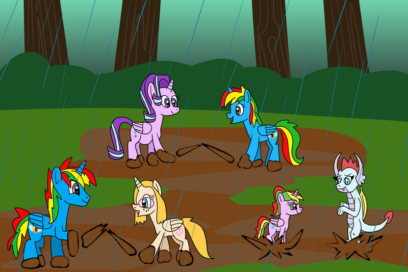 Size: 1280x854 | Tagged: safe, artist:platinumdrop, derpibooru import, starlight glimmer, oc, oc:msalliecat, oc:shield wing, oc:skyress, oc:starling shield, alicorn, dragon, pony, alicornified, image, jpeg, mud, race swap, rain, request, starlicorn, tree, xk-class end-of-the-world scenario