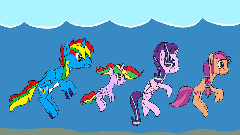 Size: 1280x720 | Tagged: safe, artist:platinumdrop, derpibooru import, starlight glimmer, sunny starscout, oc, oc:shield wing, oc:starling shield, alicorn, earth pony, pony, alicornified, diving, g5, image, jpeg, race swap, request, starlicorn, swimming, underwater, xk-class end-of-the-world scenario