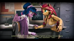 Size: 9600x5400 | Tagged: safe, artist:imafutureguitarhero, derpibooru import, sci-twi, sunset shimmer, twilight sparkle, twilight sparkle (alicorn), alicorn, anthro, classical unicorn, robot, robot pony, unicorn, 3d, :i, absurd file size, absurd resolution, black bars, breasts, cargo pants, chair, cheek fluff, chromatic aberration, clipboard, clothes, cloven hooves, colored eyebrows, colored eyelashes, computer, computer monitor, corkboard, crt monitor, desk, desk lamp, dialogue, duo, ear fluff, female, file cabinet, film grain, fluffy, fluffy mane, freckles, glasses, glasses off, grin, holding hands, horn, image, jeans, jpeg, keyboard, lab coat, leonine tail, lesbian, long hair, long mane, long nails, looking at someone, looking at something, monitor, multicolored hair, multicolored mane, office chair, painting, paintover, pants, paper, pen, peppered bacon, raised eyebrow, revamped anthros, revamped ponies, roboticization, scitwilicorn, scitwishimmer, shimmerbot, shipping, sideboob, signature, sitting, smiling, source filmmaker, story included, studying, subtitles, sunset shimmer is not amused, sunsetsparkle, tail, tail fluff, tanktop, text, torn clothes, unamused, unshorn fetlocks, varying degrees of amusement, vulgar description, wall of tags, wings, writing