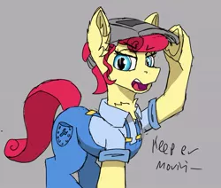 Size: 669x567 | Tagged: safe, artist:reddthebat, derpibooru import, torque wrench, earth pony, pony, clothes, image, jpeg, open mouth, overalls, solo, underhoof, welding mask
