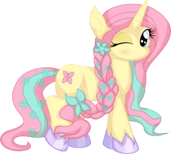 Size: 6982x6314 | Tagged: safe, artist:cyanlightning, derpibooru import, oc, oc:rapunzel shy, unofficial characters only, pony, unicorn, .svg available, absurd resolution, bow, clothes, ear fluff, female, flower, hair bow, image, mare, not fluttershy, one eye closed, png, shoes, simple background, solo, transparent background, vector, wink