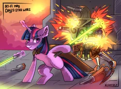 Size: 2700x2000 | Tagged: safe, artist:freak-side, derpibooru import, twilight sparkle, pony, unicorn, cape, clothes, crossover, dexterous hooves, droid, droideka, explosion, glow, glowing horn, horn, image, levitation, lightsaber, magic, png, solo, star wars, telekinesis, unicorn twilight, weapon