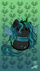 Size: 1080x1920 | Tagged: safe, artist:stainedglasslighthea, derpibooru import, queen chrysalis, changeling, changeling queen, :i, beady eyes, bean pony, cute, cutealis, female, green background, image, phone wallpaper, png, potato pony, simple background, solo, wallpaper