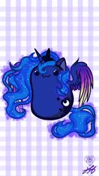 Size: 1080x1920 | Tagged: safe, artist:stainedglasslighthea, derpibooru import, princess luna, alicorn, pony, :3, abstract background, beady eyes, bean pony, chibi, colored wings, colored wingtips, constellation, crown, cute, female, image, jewelry, limbless, lunabetes, mare, phone wallpaper, png, potato pony, regalia, smiling, solo, spread wings, wallpaper, wings