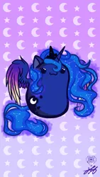 Size: 1080x1920 | Tagged: safe, artist:stainedglasslighthea, derpibooru import, princess luna, alicorn, pony, :3, abstract background, beady eyes, bean pony, chibi, colored wings, colored wingtips, constellation, crown, cute, female, image, jewelry, limbless, lunabetes, mare, phone wallpaper, png, potato pony, regalia, smiling, solo, spread wings, wallpaper, wings