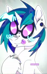 Size: 1169x1825 | Tagged: safe, derpibooru import, vinyl scratch, pony, unicorn, bandaid, bandaid on nose, blue mane, bust, covered eyes, ear piercing, glasses, hooves, image, jpeg, original art, piercing, portrait, redesign, shiny, solo, white coat