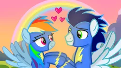 Size: 1280x720 | Tagged: safe, artist:mlplary6, derpibooru import, rainbow dash, soarin', pegasus, pony, female, heart, holding hooves, image, looking at each other, looking at someone, male, mare, png, rainbow, shipping, smiling, smiling at each other, soarindash, stallion, straight, sunset