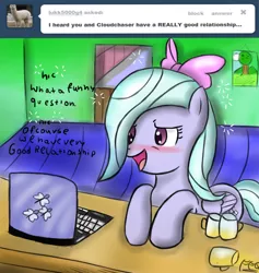 Size: 900x950 | Tagged: safe, artist:ask-flitter, artist:freefraq, derpibooru import, flitter, pegasus, pony, ask, ask-flitter, blushing, cider, computer, drunk, female, image, jpeg, laptop computer, solo, tumblr