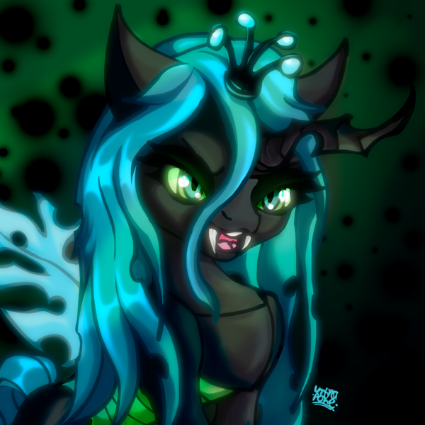 Size: 3000x3000 | Tagged: safe, artist:umbrapone, derpibooru import, queen chrysalis, changeling, changeling queen, abstract background, big horn, canterlot wedding 10th anniversary, chitin, crown, fangs, female, glow, glowing eyes, green eyes, horn, image, jewelry, kitchen eyes, long mane, magic, png, regalia, shiny mane, smiling, torn wings, wings